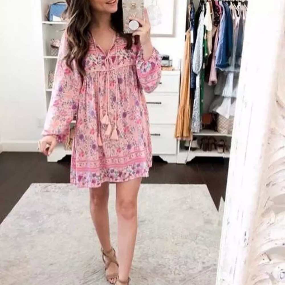 Boho Pink Floral Long Sleeve Mini Dress - Picture 2 of 5